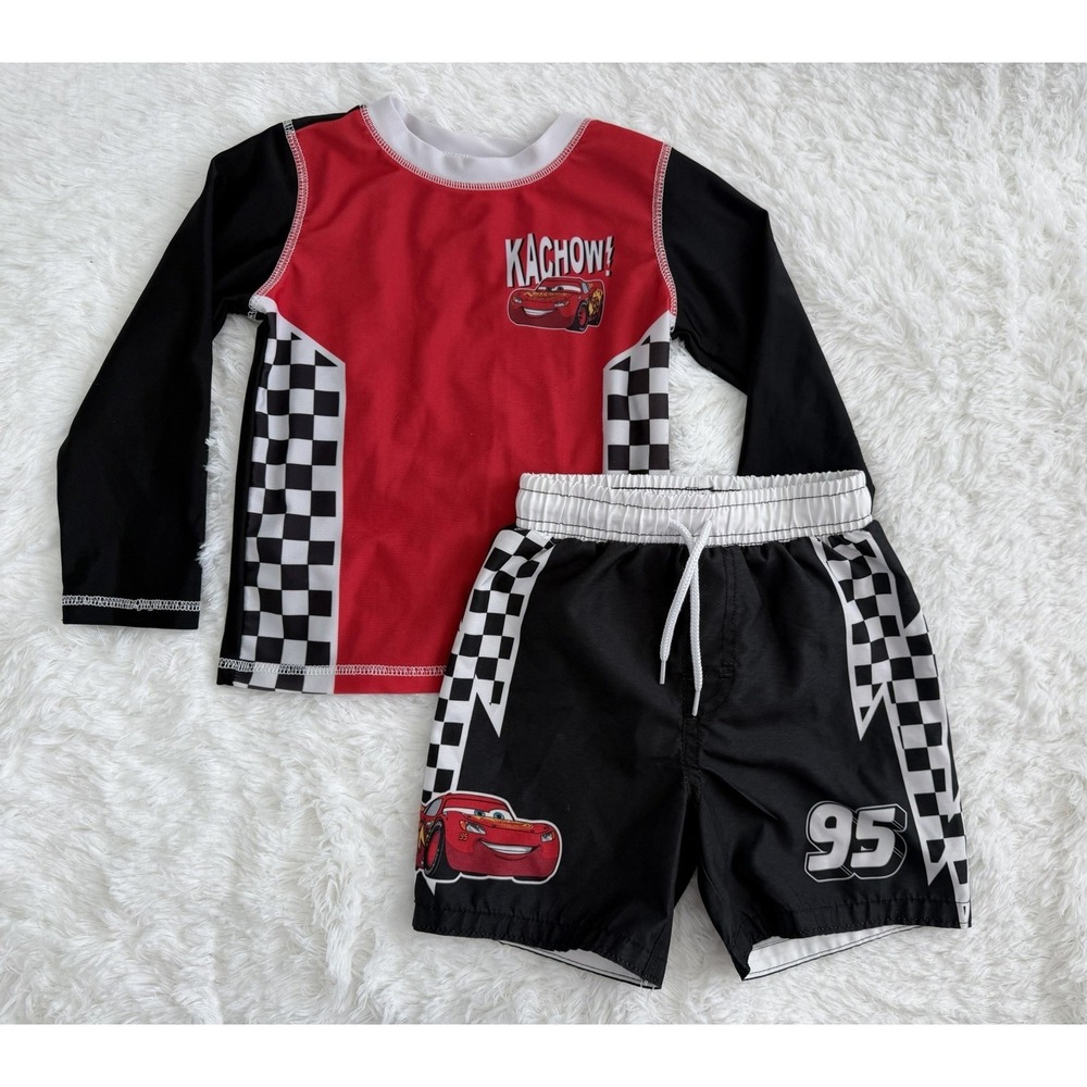 Lighting McQueen/Car Toddler Boys 2-Piece Rashguard and Swim Trunk Set, 3-T
